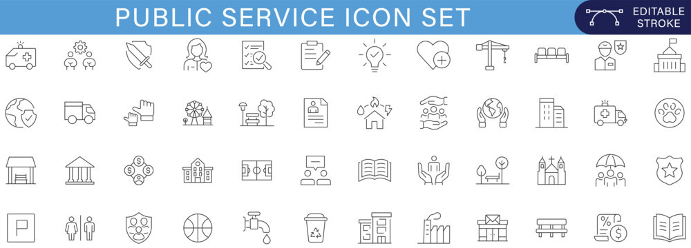 Public service line icon set featuring healthcare banking transport education safety tourism government emergency community support and civic infrastructure vector collection outline editable stroke