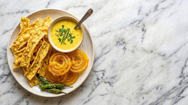 Indian Gujarati traditional tea time snack food fafda or fafda papdi, with jalebi sweet, Besan chutney, chili pickle in dish, white marble background, top view, copy space
