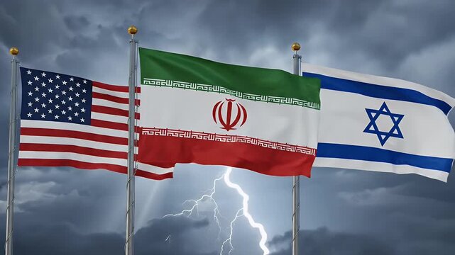 Geopolitical Tension: USA, Iran, Israel Flags Under Storm - The national flags of the United States, Iran, and Israel are prominently displayed, waving side by side on flagpoles.