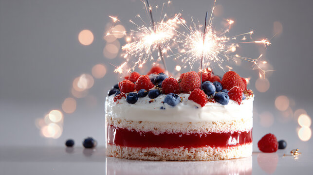 layered berry cake with fireworks isolated on transparent background