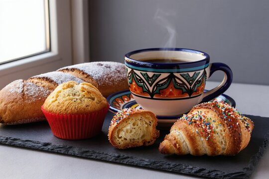 Warm steam rises from dark coffee in decorative mug next to assorted pastry like muffin croissant and bread dusted with sugar. Breakfast food arrangement on slate.