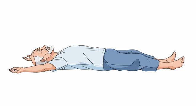 Person lying down in relaxed pose, casual blue shorts and white shirt, flat vector illustration style. Minimalist human figure for lifestyle or wellness concept. Vector art for health, relaxation,