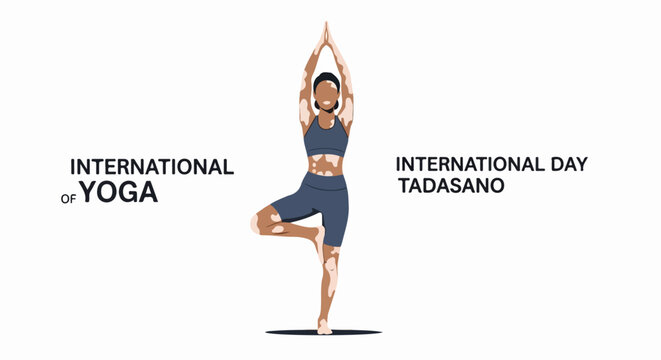 International Day of Yoga Tadasana pose with woman balancing on one leg, minimalist yoga illustration. Yoga posture concept for wellness posters, fitness apps, or meditation guides.