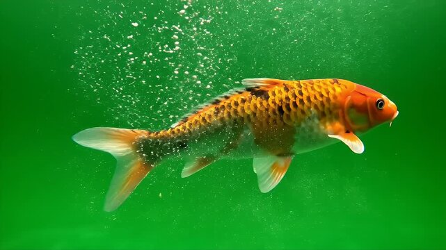 Vibrant Koi Fish Swimming Underwater - A colorful koi fish glides gracefully through a bubble-filled aquatic environment.