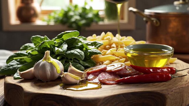 Fresh Ingredients for Homemade Pasta - A vibrant arrangement of fresh cooking ingredients is showcased on a rustic wooden cutting board.
