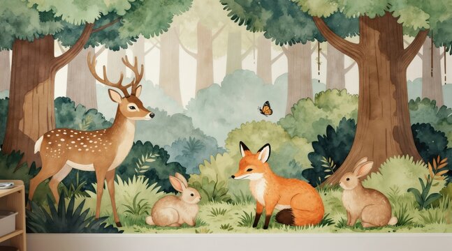 Cute watercolor forest scene with deer, fox, and bunnies. Gentle woodland animals in green woods, perfect for kids decor. Nature inspired, soft style.