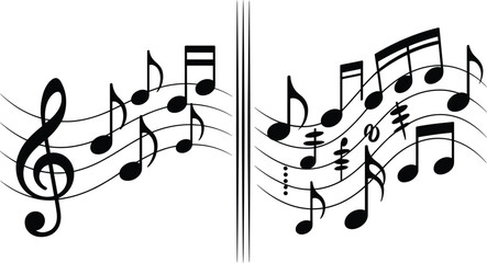 Musical staff with treble clef and notes, black and white music notation illustration for rhythm, melody, education, and creative design projects © MstMostarina