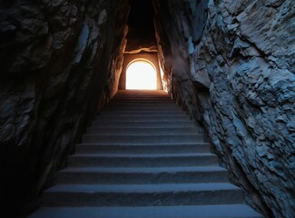 Obraz premium Stone stpic lead up through rock walls to a glowing arched doorway. This pathway represents progress, discovery and entering a new realm. Hope shines from the opening at the top.