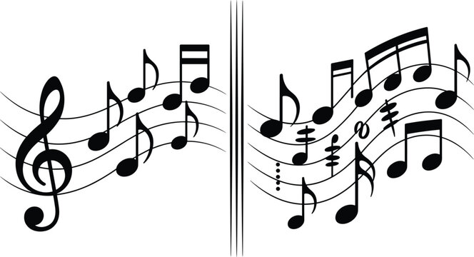 Musical staff with treble clef and notes, black and white music notation illustration for rhythm, melody, education, and creative design projects