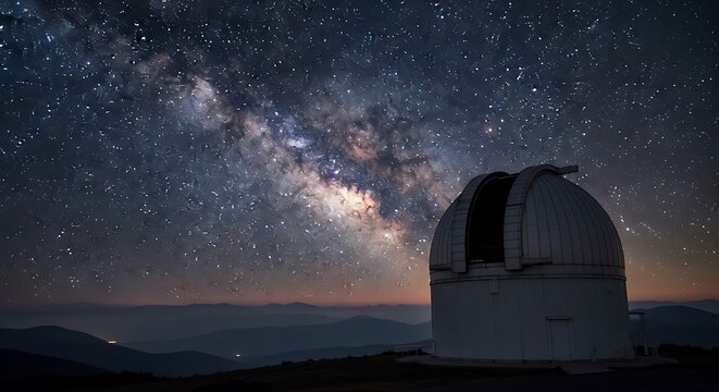 A scenic view of a professional observatory building under a clear starry night sky featuring the bright light of alpha centauri in the distance