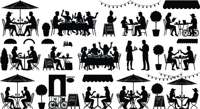 People dining and socializing at outdoor caf&eacute; tables isolated on white background, Vector