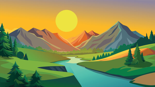 Beautiful pixel art landscape with mountains river and sunset sun in the sky Vector