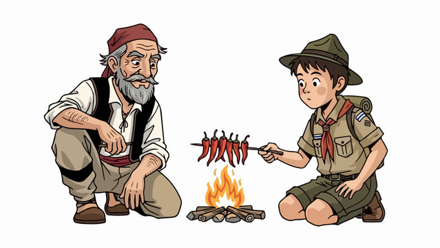 Cartoon scout and old man roasting marshmallows over campfire with outdoor adventure theme. Whimsical vector illustration for childrens books or educational materials.