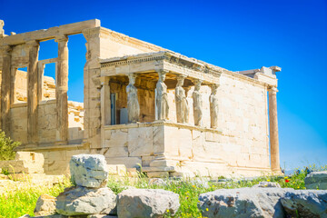 Naklejka premium details of famous facade of Erechtheion temple in Acropolis of Athens, Greece