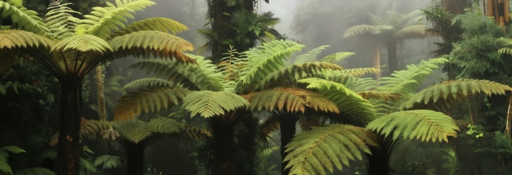 Lush green tree ferns grow densely in a humid, misty jungle. These large prehistoric plants create a vibrant forest canopy with delicate fronds and textured trunks.