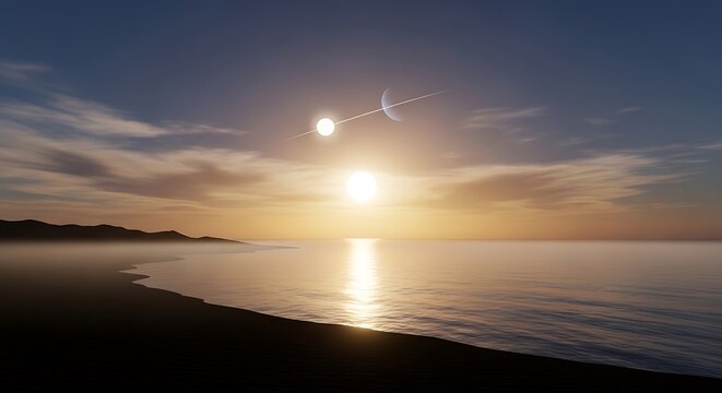 An artistic concept of the alpha centauri star system featuring a binary sun set over a calm alien ocean landscape with a distant ringed planet above