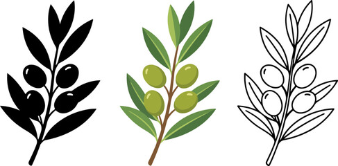 Fototapeta premium Three different artistic representations of an olive branch with olives and leaves