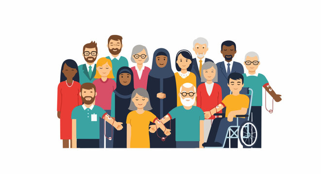 Diverse group illustration of people with different abilities and backgrounds standing together. Inclusive community concept featuring wheelchair user, headscarf, glasses, and varied ethnicities.
