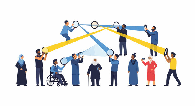 Diverse group of people collaborating with blue arch and connected gears vector illustration. Teamwork concept featuring unity and problem-solving. Vector design for corporate presentations,