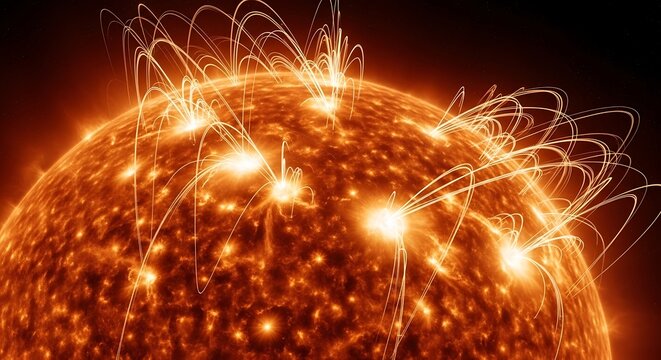 A conceptual illustration depicting the intense solar activity and magnetic field loops of a star resembling the distant star system of alpha centauri