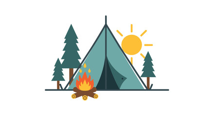 Camping scene with tent campfire and trees flat vector illustration © ANISURRAHMAN