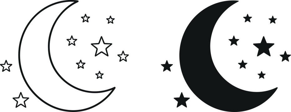Minimalist crescent moon and stars icon set featuring thin line art and solid black silhouette versions for night sky themes and celestial graphic designs.