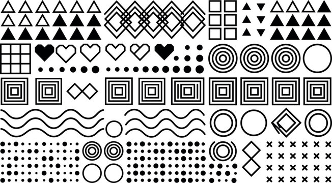 Large collection of bold minimalist geometric shapes featuring Memphis design elements including triangles squares hearts concentric circles and wavy lines for creative pattern design projects.
