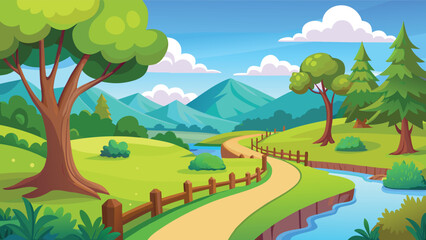 Fototapeta premium Beautiful summer landscape with a winding path and a small river flowing through green hills Vector