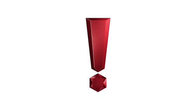 features a stylized exclamation mark with a three-dimensional appearance. The exclamation mark is composed of a tall, rectangular prism for the main body and a smaller, pentagonal prism for the dot. B