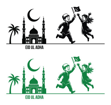 Eid Ul Adha celebration illustration with joyful children holding Pakistani flag and mosque silhouette.