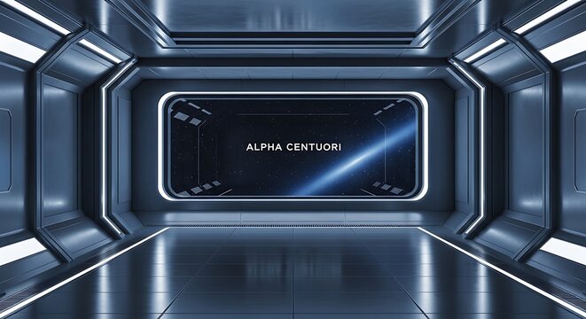 Futuristic spaceship hallway interior featuring a large observation window with a view of deep space and the distant star system of alpha centauri.