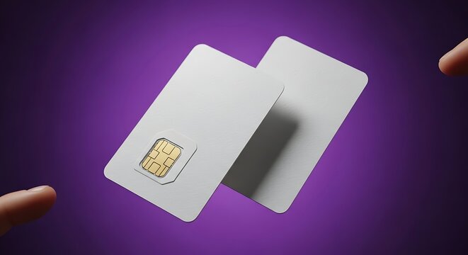 Floating sim cards with gold chip on purple background sim card background