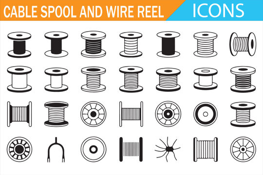 : Cable spool and wire reel icons set with electrical coils drums rolls and industrial storage equipment
