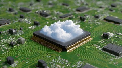 Obraz premium A conceptual view of a cloud emerging from a detailed green circuit board symbolizing advanced data processing and cloud computing