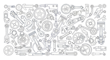 Obraz premium Abstract Mechanical Engineering Parts and Gears Pattern - Blueprint Style