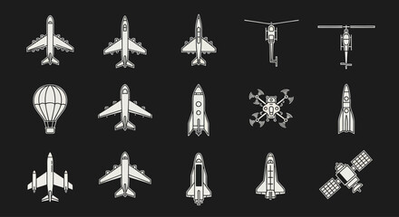 Aircraft and Aviation Icons: Jets, Helicopters, Drones, Rockets, Satellite, Hot Air Balloon © Al