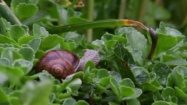 snails on a flowers in the garden, brown snail and slug feeding the plants in the garden, nature video