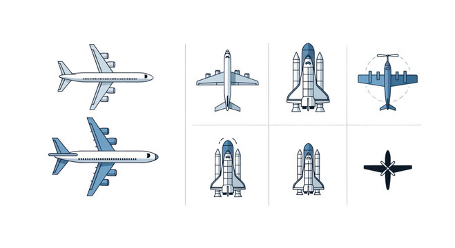 Airplane and Space Shuttle Icons Collection: Aviation and Space Travel Vector Set