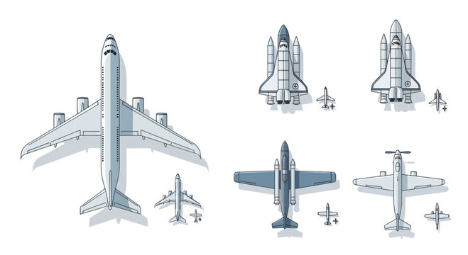 Aviation Collection: Airplane, Space Shuttle, Jet Fighter, Propeller Plane - Top View
