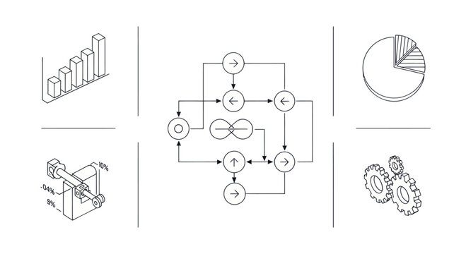 Business process flowchart, bar chart, pie chart, gears, machine schematic icons