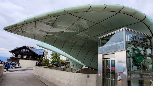 Innsbruck, Austria - May 18, 2023. View of the one of Hungerburgbahn station - hybrid funicular station in Innsbruck. Zaha Hadid Architects.