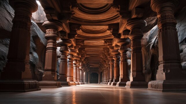 Stunning Interior of a Hindu Temple with Repetitive Carved Pillars