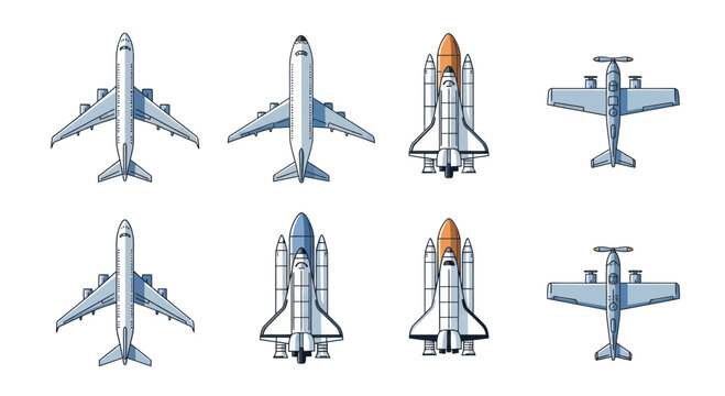 Collection of aircraft and space shuttle illustrations from a top-down view