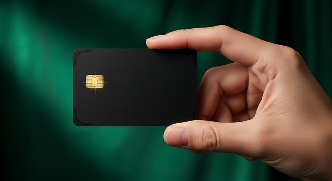 Hand holding a blank black sim card with technology communication identificati