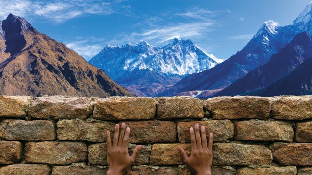 Manual masonry work shows bricklayer building solid wall in rugged alpine environment.