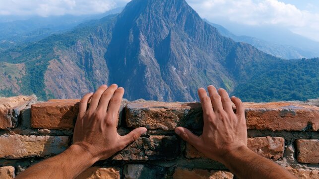 Construction worker hands lay red bricks with mortar against scenic mountain landscape backdrop.