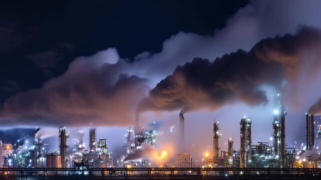 Industrial site at night with smoke and lights visible from oil refinery in the distance, creating a scene of production and activity in the energy sector
