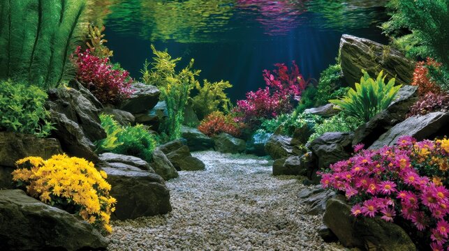 Detailed underwater landscape shows diverse plant species and decorative stones in well-maintained tropical fish tank.