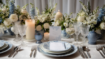 Fototapeta premium Blue white rustic Wedding table set up in classic style with blue flowers and candles and plates