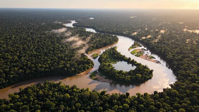 This video shows an aerial view of a river flowing through a dense forest. The river winds its way through the landscape, creating a serene and peaceful atmosphere. The video captures the beauty of